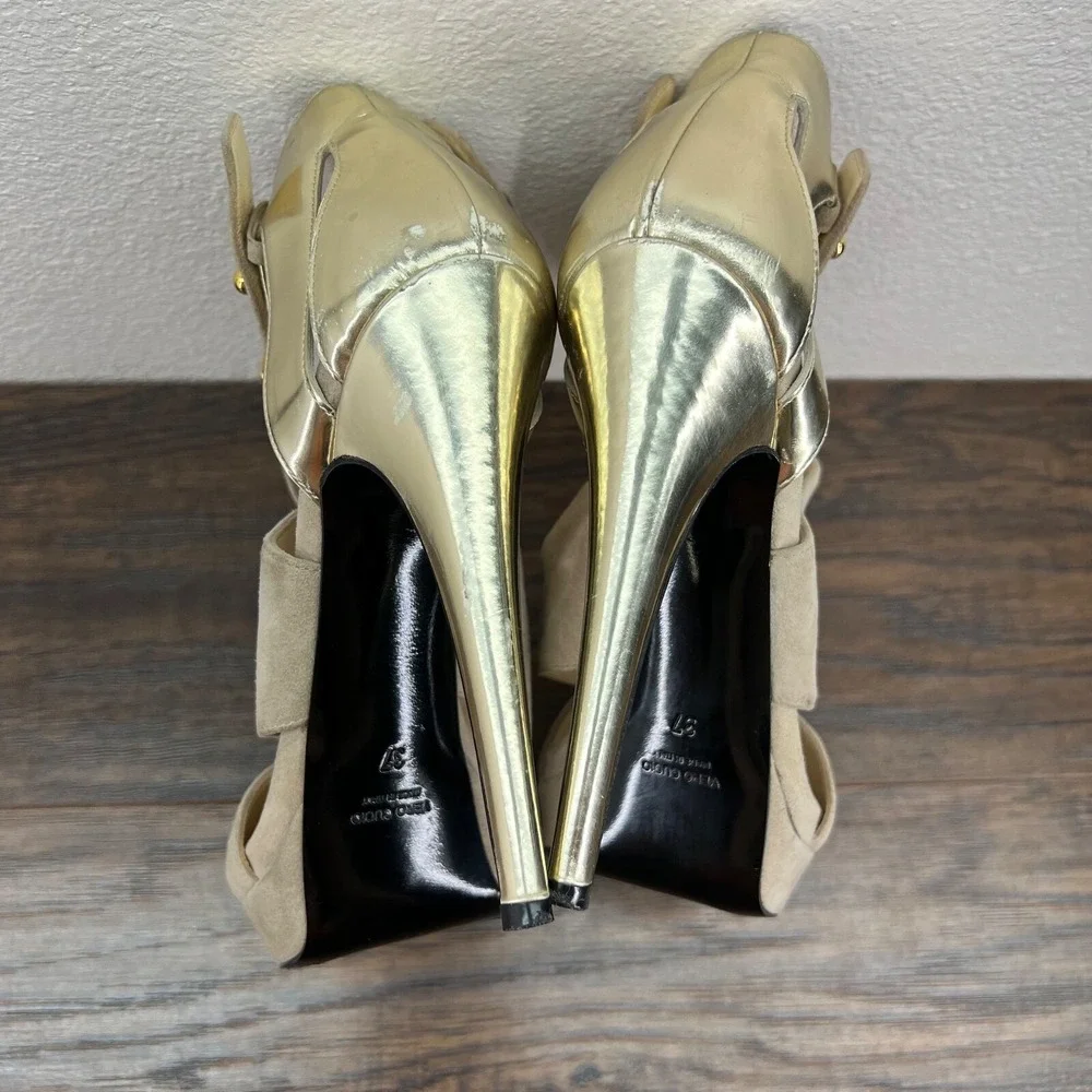 Burak Uyan Burakuyan Womens 37 US 7 Beige Gold Suede Leather Platform Heels
